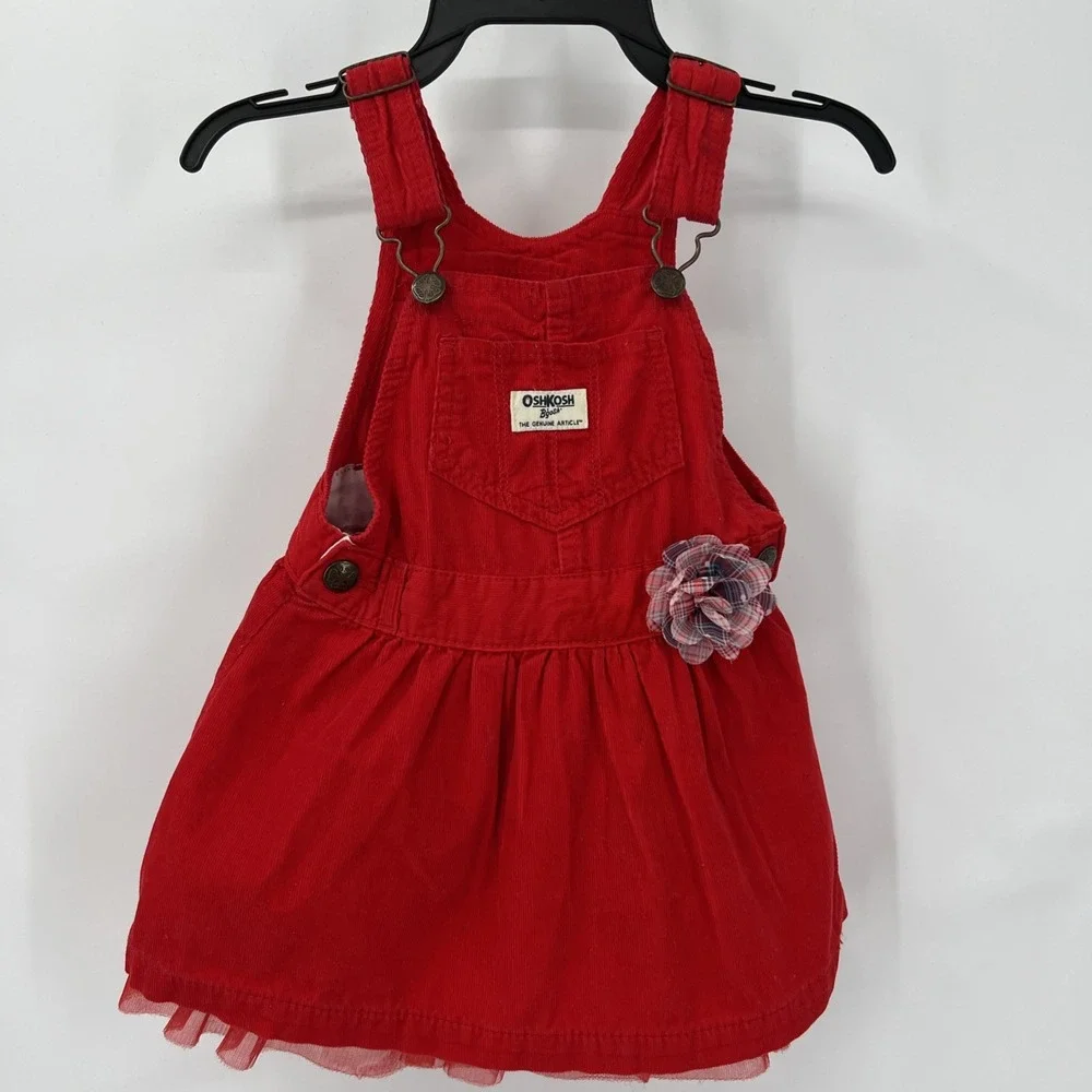 OshKosh B'gosh Vestbak Girls 2T Red‎ Corduroy Overall Jumper Dress Tulle Plaid